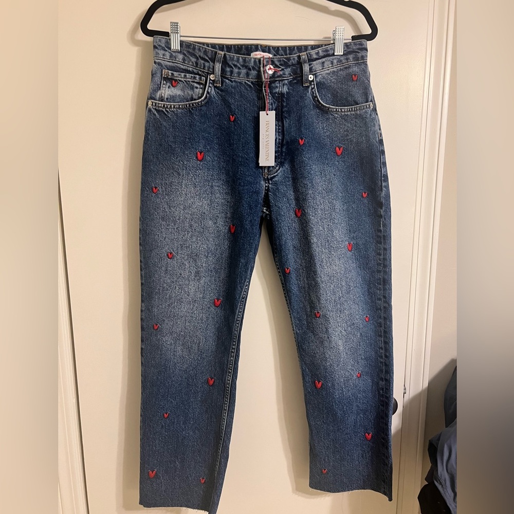 Frances Valentine Blue Denim Cropped Jeans with Red Heart Embroidery